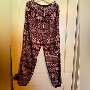 Burgandy Red & White Women Elephant print Harem Pants. Elastic/drawstring waist.